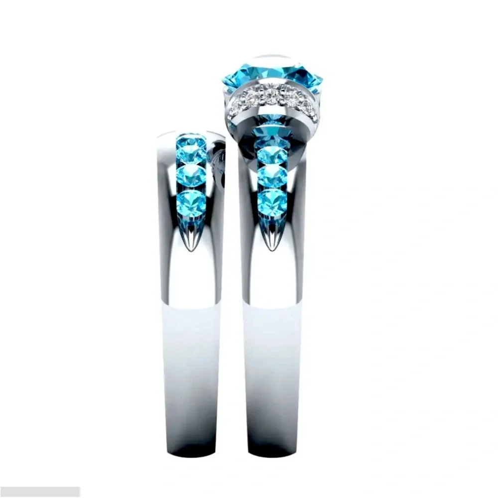 New 925 Sterling Silver Aquamarine 2pc Ring Set